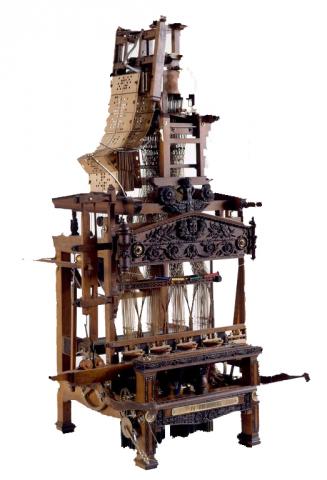 Modèle réduit de métier à tisser les rubans à 4 pièces, une navette, et mécanique Jacquard Fabriqué par J.M. Prudhomme, 1862, Saint-Etienne.
